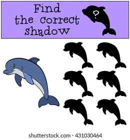 Children games: Find the correct shadow. Cute little dolphin jumps and smiles.