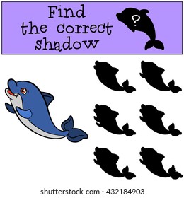 Children games: Find the correct shadow. Cute little baby dolphin swims and smiles.
