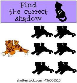 Children games: Find the correct shadow. Mother tiger lays with her little cute baby tiger and smiles.