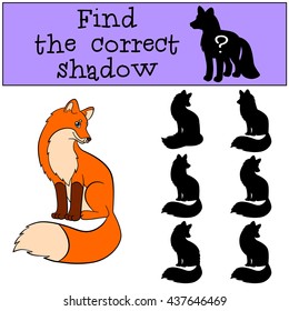 Children games: Find the correct shadow. Little cute fox sits and smiles.
