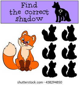 Children games: Find the correct shadow. Little cute baby fox looks at the fly on his nose and smiles.