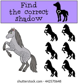 Children games: Find the correct shadow. Cute horse smiles.