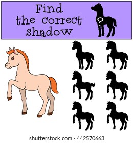 Children games: Find the correct shadow. Little cute foal smiles.