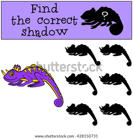 Children games: Find the correct shadow. Little cute chameleon smiles.