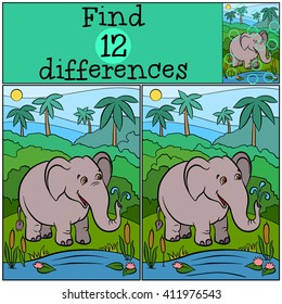 Children games: Find differences. Cute kind elephant stands near lake and smiles.