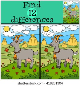 Children games: Find differences. Cute goat stands and smiles in the field.