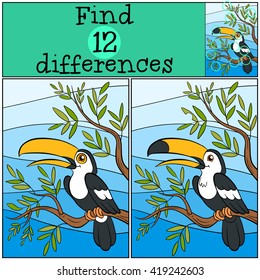 Children games: Find differences. Cute little toucan sits on the tree branch and smiles.