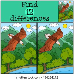 Children games: Find differences. Cute bald eagle flying under the forest and smiling.