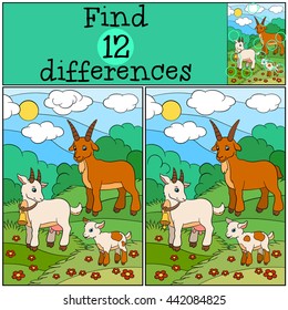 Children games: Find differences. Goat family on the field. Mother, father and baby goat.