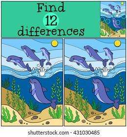 Children games: Find differences. Group of little cute dolphins jumps out of the water and smiles.