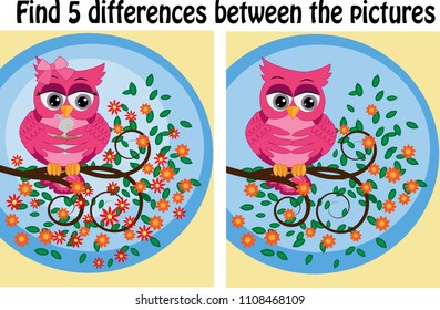Children games: Find differences. Little cute owl sits on the tree branch.