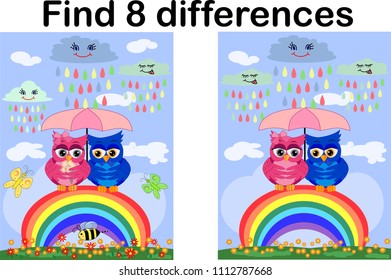 Children games: Find differences. Little cute owl sits on the tree branch.