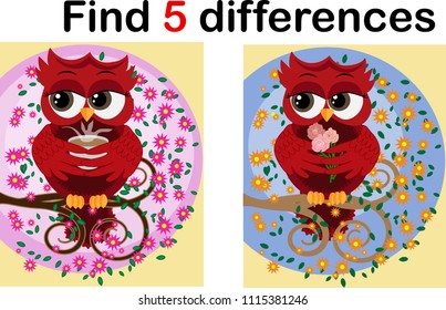 Children games: Find differences. Little cute owl sits on the tree branch.