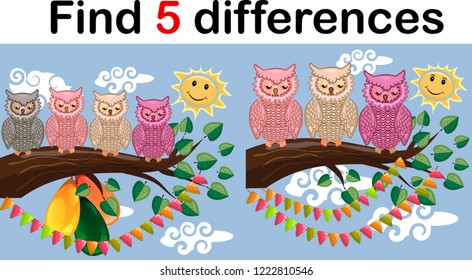 Children games: Find differences. Little cute owl sits on the tree branch.