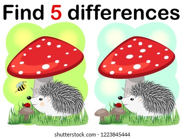 Children games: Find differences. Little cute hedgehog with mushrooms.