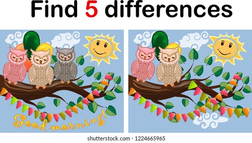 Children games: Find differences. Little cute owl sits on the tree branch.