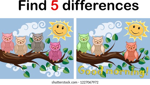 Children games: Find differences. Little cute owl sits on the tree branch.