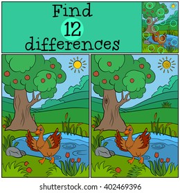 Children games: Find differences. Little cute duck runs from the pond and waves her wings. She is happy.