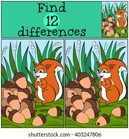 Children games: Find differences. Little cute squirrel stands on the grass and looks at the pile of the acorns.