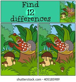 Children games: Find differences. Little cute hedgehog stands on the stump and waters the mushrooms.