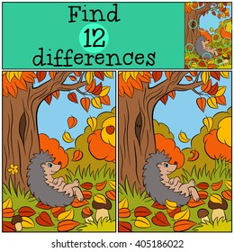 Children games: Find differences. Little cute hedgehog lays near big tree. Autumn.