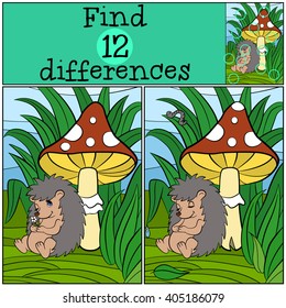 Children games: Find differences. Little cute hedgehog sleeps near the huge toadstool.