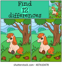 Children games: Find differences. Little cute pony sits in the forest near the tree.