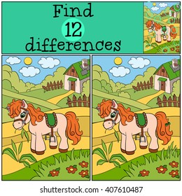 Children games: Find differences. Little cute pony stands on the field and eat grass.