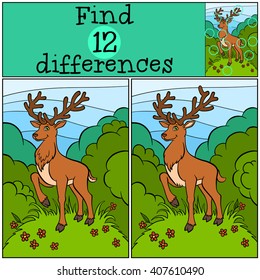 Children games: Find differences. Little cute deer stands on the clearing in the forest.