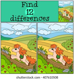 Children games: Find differences. Little cute pony runs and smiles.