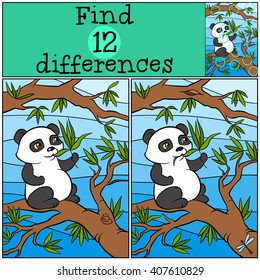 Kinderspiele: Finden Sie Unterschiede. Kleine süße Panda sitzt auf dem Baum und frisst Blätter.