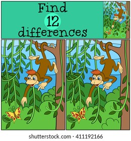 Children games: Find differences. Little cute monkey hangs on the tree and looks at the butterfly.