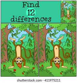 Children games: Find differences. Little cute monkey stands upside down and smiles.