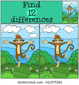 Children games: Find differences. Little cute monkey runs and smiles.