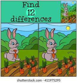 Children games: Find differences. Little cute hare sits in the grass and looks at the carrots.