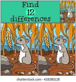 Children games: Find differences. Little cute mouse looks at the wheat and smiles.