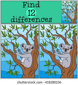 Children games: Find differences. Little cute koala sits on the tree branch and eat leaves.