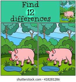 Children games: Find differences. Little cute pig stands in the forest near the pond and smiles.