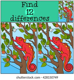 Children games: Find differences. Little cute red chameleon sits on the tree branch and looks at the fly.
