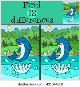 Children games: Find differences. Little cute dolphin jumps out of the water and smiles.