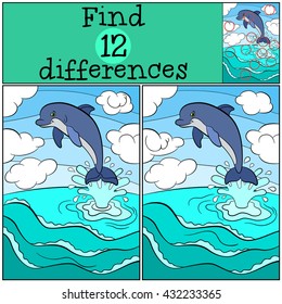 Children games: Find differences. Little cute dolphin jumps out of the water and smiles.