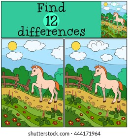Children games: Find differences. Little cute foal walks and smiles.