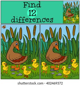 Children games: Find differences. Mother duck walks with her little cute ducklings on the grass. They are smiling and happy.