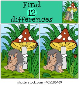 Children games: Find differences. Mother hedgehog sits and looks at the little cute baby hedgehog.