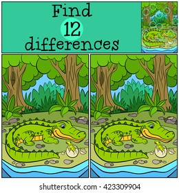Children games: Find differences. Mother alligator looks at her little cute baby alligator in the egg.