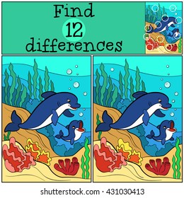 Children games: Find differences. Mother dolphin swims with her little cute baby dolphin underwater.