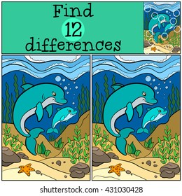 Children games: Find differences. Mother dolphin swims with her little cute baby dolphin underwater.