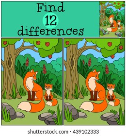 Children games: Find differences. Mother fox sits with her little cute baby fox in the forest and smiles.