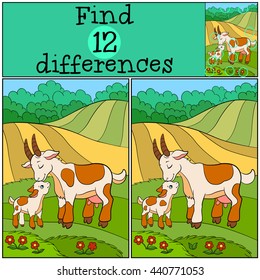 Children games: Find differences. Mother goat with her little cute baby goat on the field.