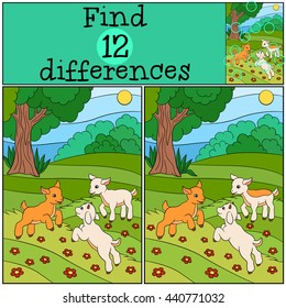 Children games: Find differences. Three little cute baby goats play on the field.